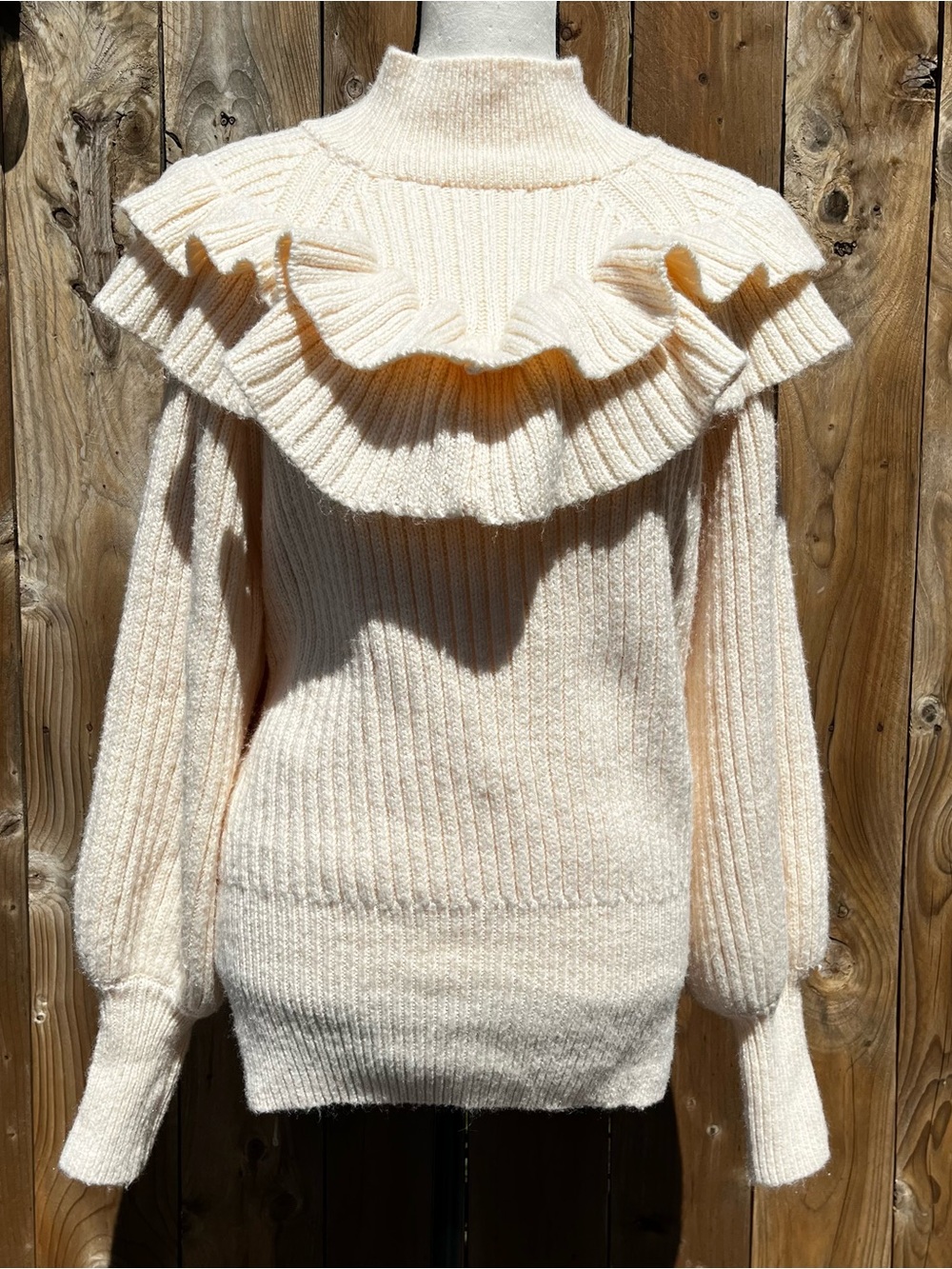 H&M Women’s Cream Ruffle Mock-Neck Ribbed Sweater / mini sweater dress